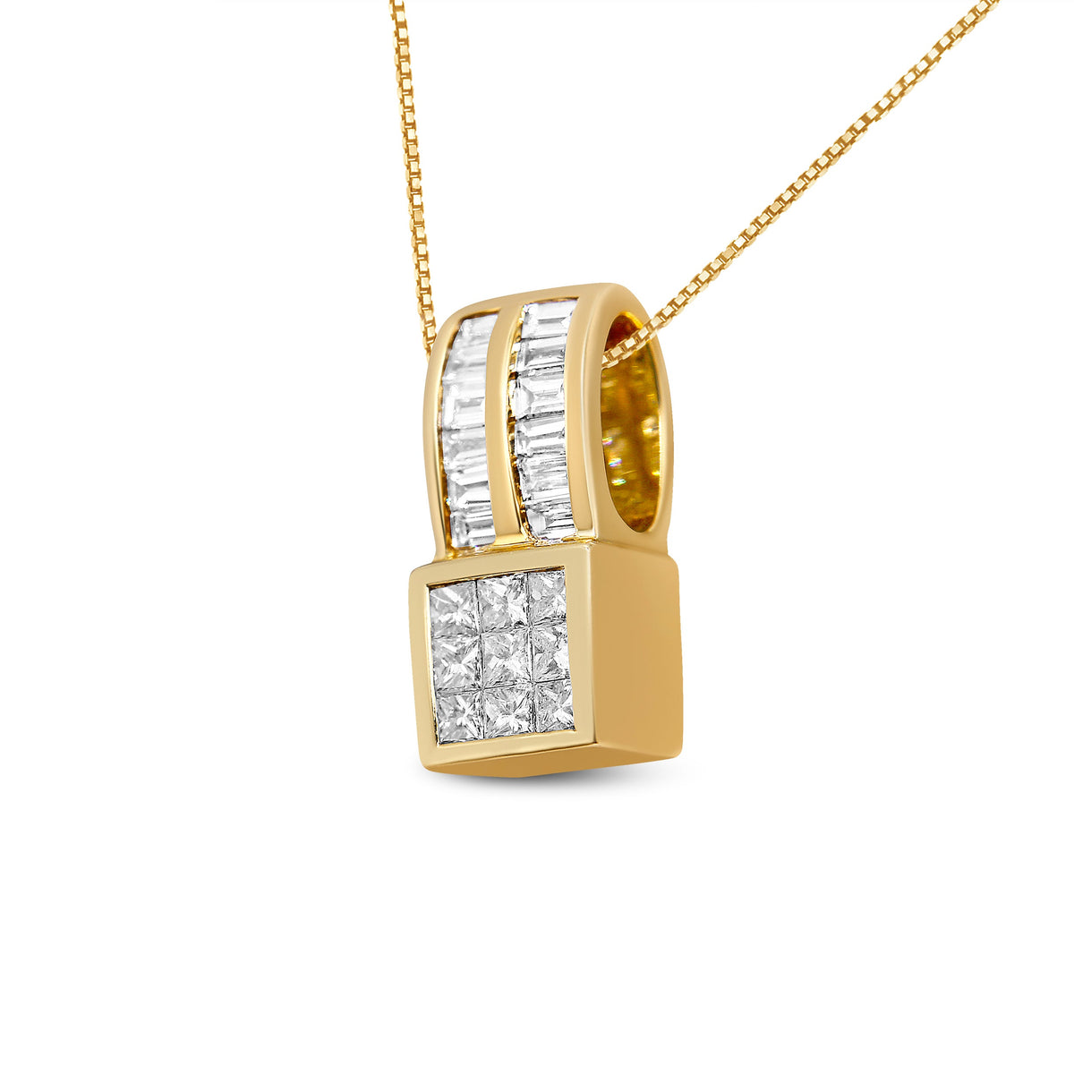 Collar con colgante de diamante de oro amarillo de 14K de 1,25 ct. en total, corte princesa y baguette, diseño geométrico (H-I, VS1-VS2)