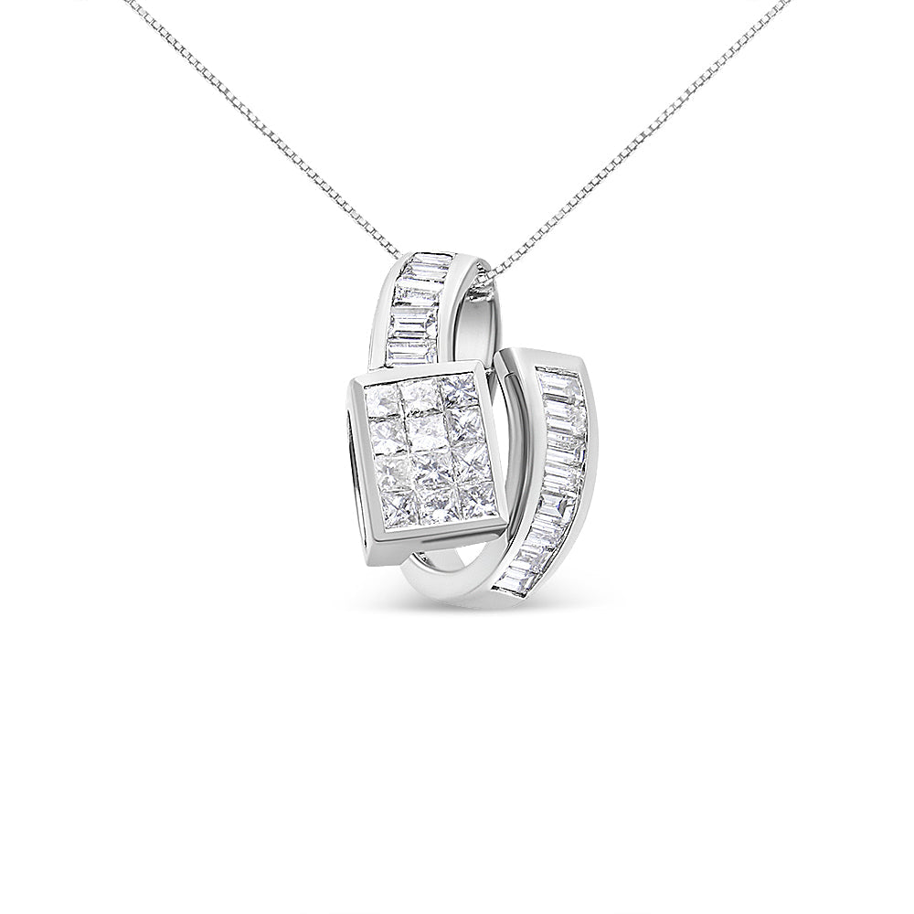 Collar con colgante de doble bucle con diamantes de talla princesa y baguette de 2 ct en oro blanco de 14K (G-H, VS1-VS2)
