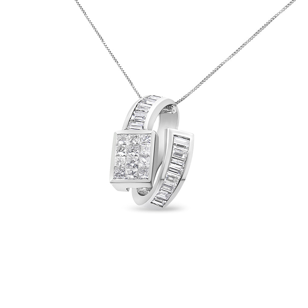 Collar con colgante de doble bucle con diamantes de talla princesa y baguette de 2 ct en oro blanco de 14K (G-H, VS1-VS2)