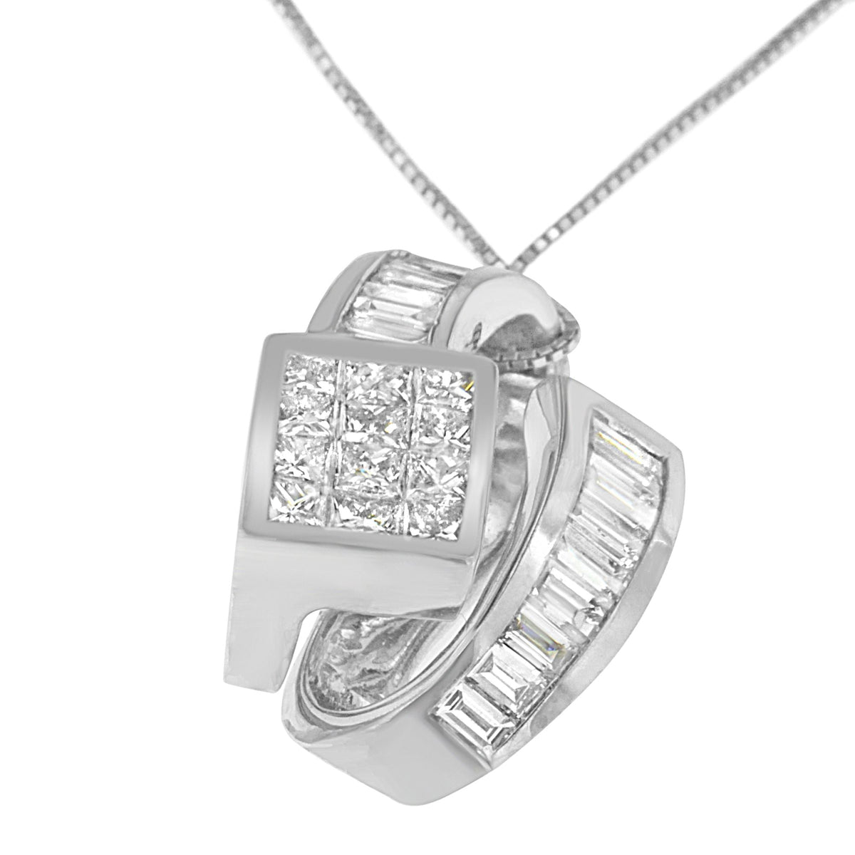 Collar con colgante de doble bucle con diamantes de talla princesa y baguette de 2 ct en oro blanco de 14K (G-H, VS1-VS2)