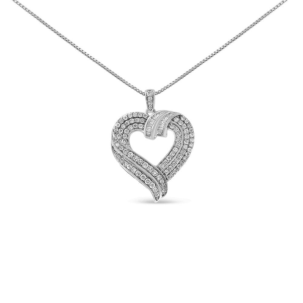 Collar con colgante de corazón abierto con diseño de diamante baguette de 1,00 Cttw en plata de ley .925 chapada en oro amarillo de 14K, 45,72 cm (color I-J, claridad I1-I2)