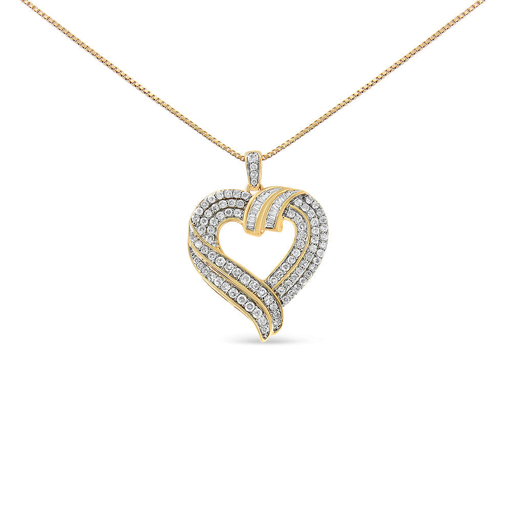Collar con colgante de corazón abierto con diseño de diamante baguette de 1,00 Cttw en plata de ley .925 chapada en oro amarillo de 14K, 45,72 cm (color I-J, claridad I1-I2)