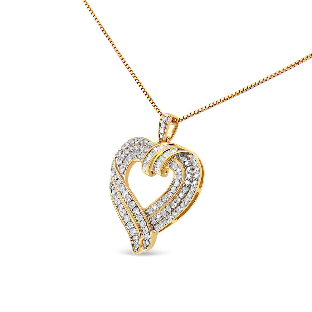 Collar con colgante de corazón abierto con diseño de diamante baguette de 1,00 Cttw en plata de ley .925 chapada en oro amarillo de 14K, 45,72 cm (color I-J, claridad I1-I2)