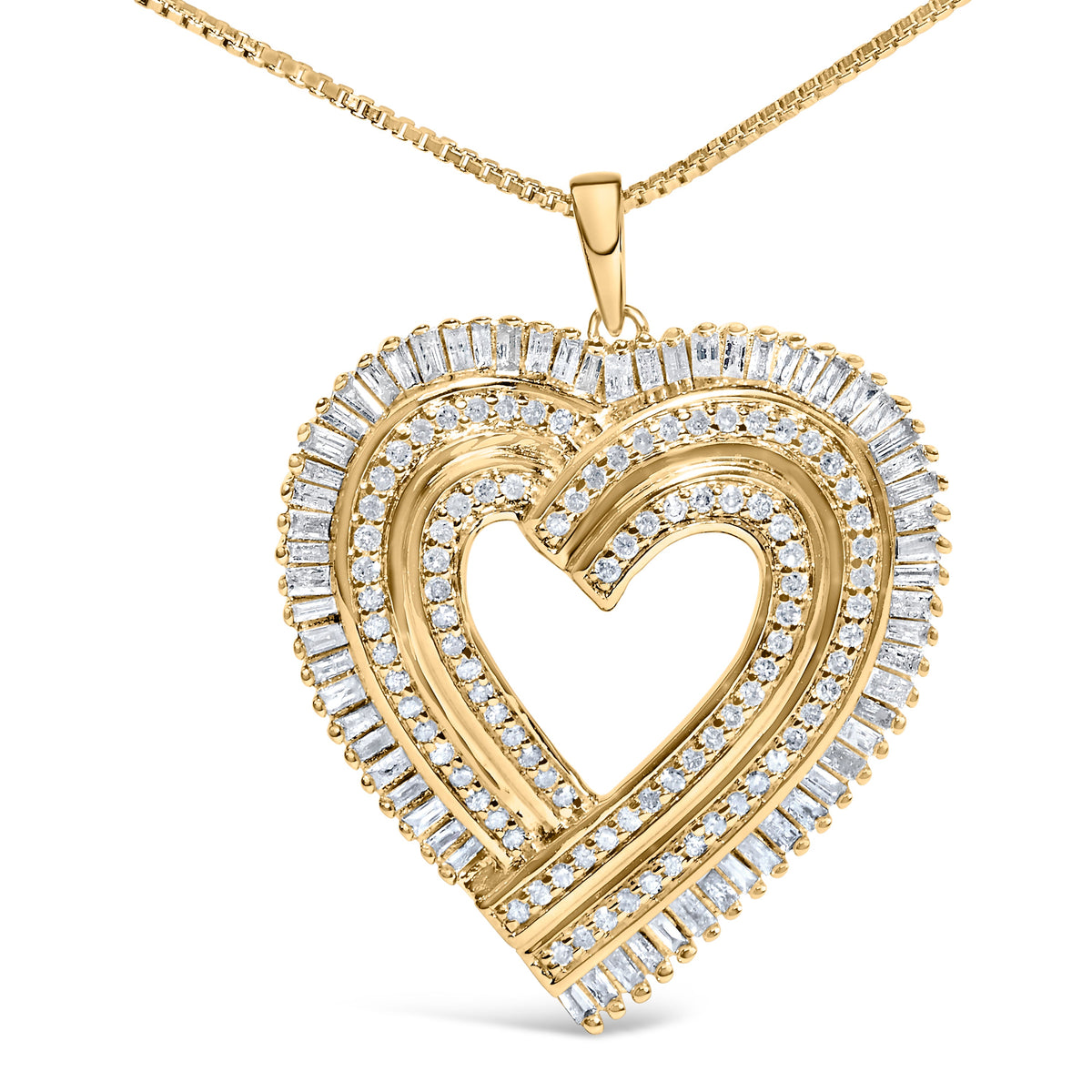 Collar con colgante en forma de corazón, chapado en oro amarillo de 14 quilates sobre plata de ley .925 con diamantes redondos y talla baguette de 1/4 Cttw (color H-I, claridad SI2-I1), 45 cm