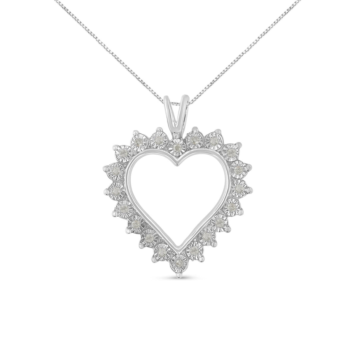Collar con colgante de corazón abierto de plata de ley .925, con diamante engastado tipo milagro de 0,25 Cttw y cadena de 45,7 cm (color I-J, claridad I3)