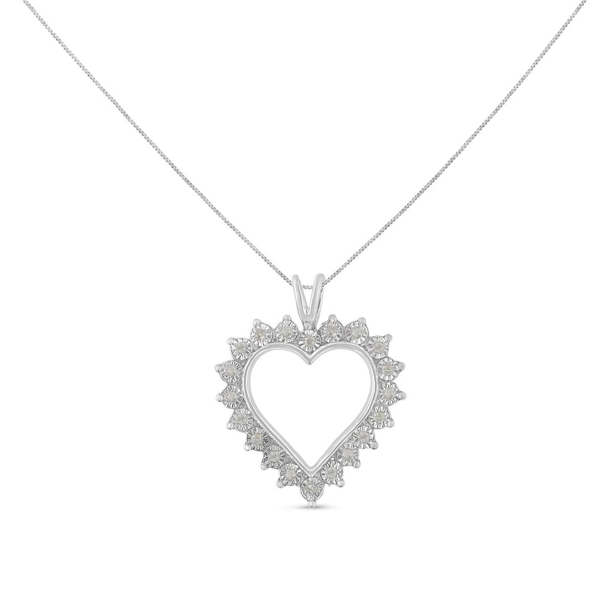 Collar con colgante de corazón abierto de plata de ley .925, con diamante engastado tipo milagro de 0,25 Cttw y cadena de 45,7 cm (color I-J, claridad I3)