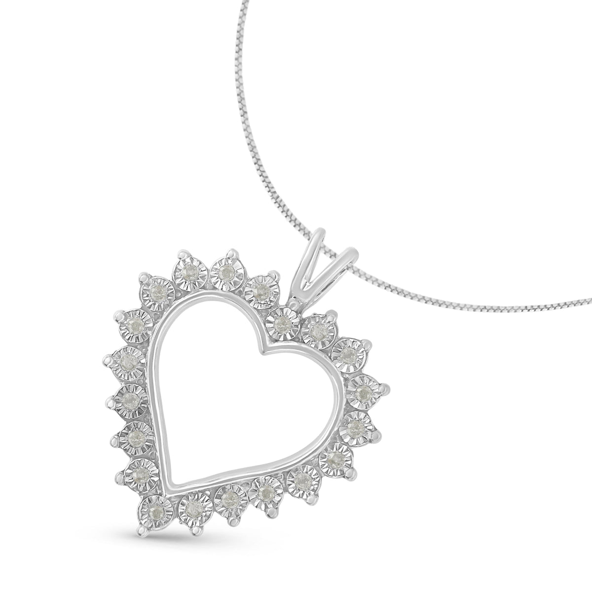 Collar con colgante de corazón abierto de plata de ley .925, con diamante engastado tipo milagro de 0,25 Cttw y cadena de 45,7 cm (color I-J, claridad I3)