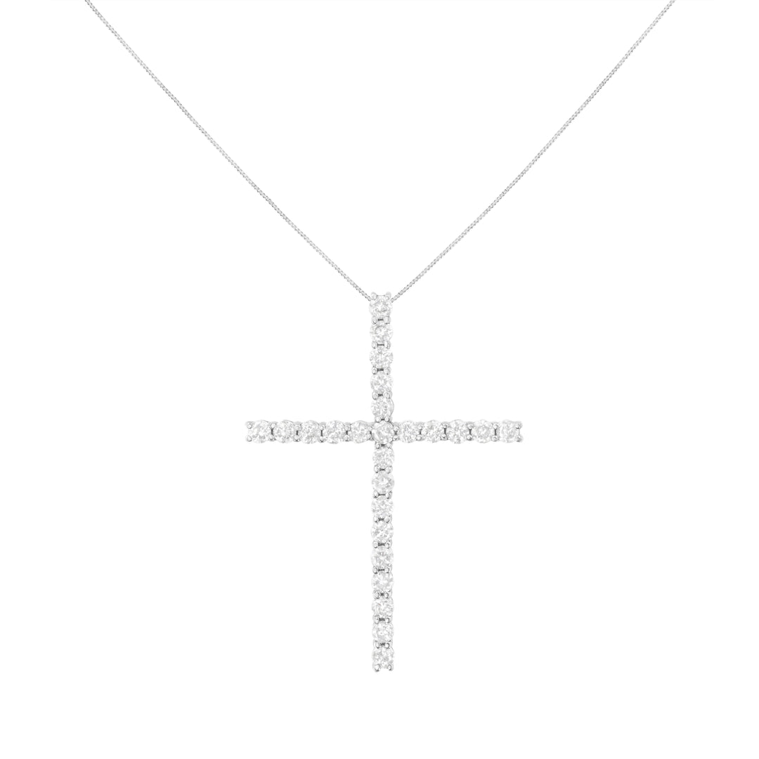 .925 Sterling Silver 3.0 Cttw Round Shape Diamond 1-1/2" Cross Pendant with Box Chain Necklace (I-J Color, I2-I3 Clarity) - 18"