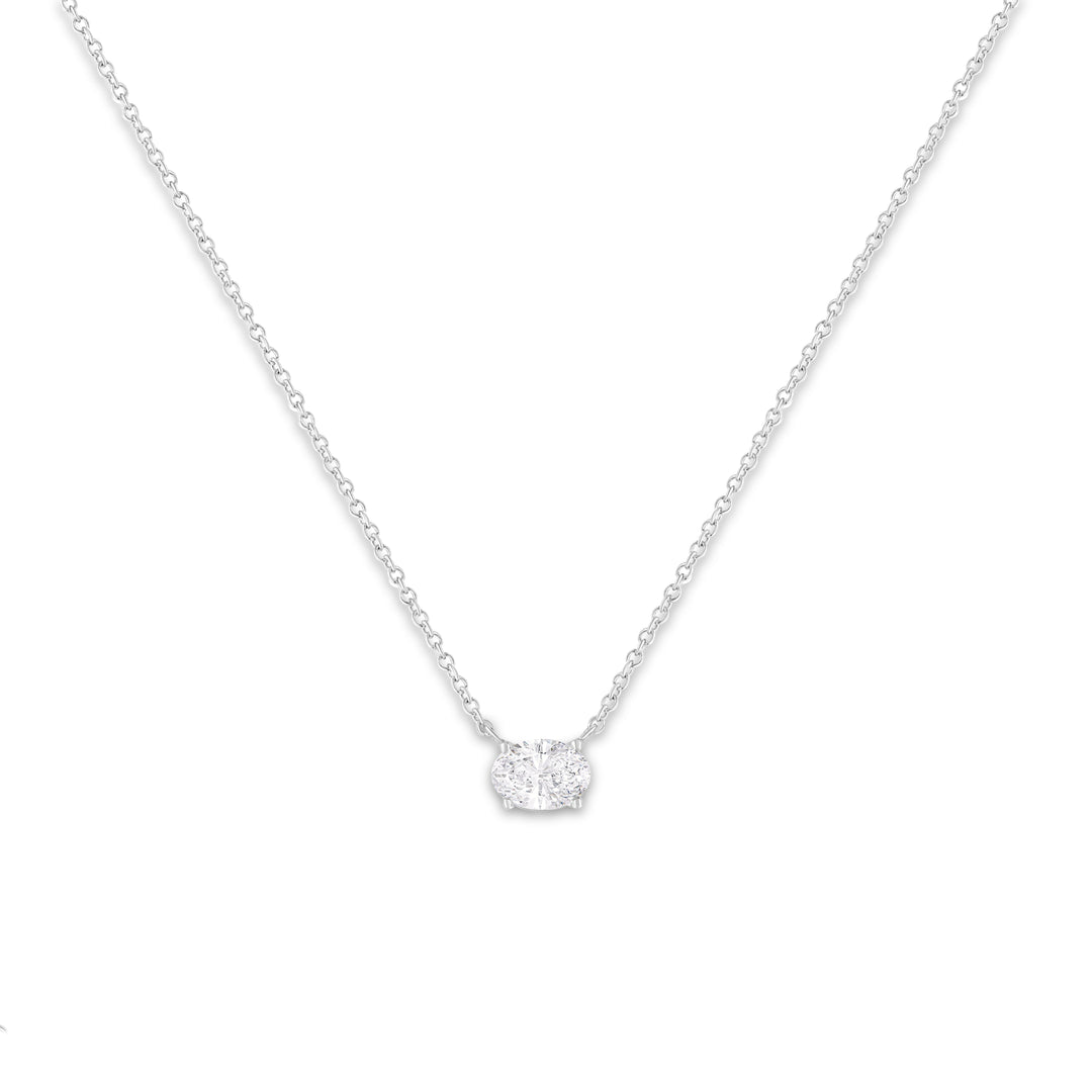 Collar con colgante de 18" de oro blanco de 14k con diamante solitario ovalado cultivado en laboratorio de 1/2 quilate de peso total, orientación este-oeste, certificado por IGI (color E-F, claridad VS1-VS2)