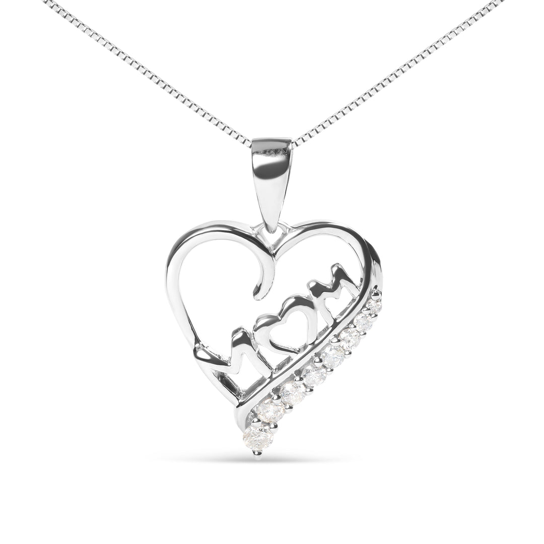 Collar con colgante de plata de ley .925 con diamantes de 1/4 qt. "Mamá" y corazón calado de 18" (color I-J, claridad I2-I3)