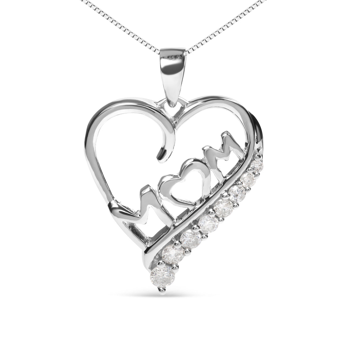 Collar con colgante de plata de ley .925 con diamantes de 1/4 qt. "Mamá" y corazón calado de 18" (color I-J, claridad I2-I3)