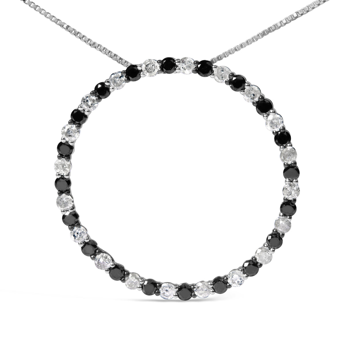 Collar con colgante de aro circular abierto con diamantes blancos y negros alternados de 2.0 Cttw de plata de ley .925 (color H-I, claridad I2-I3) - 45.72 cm