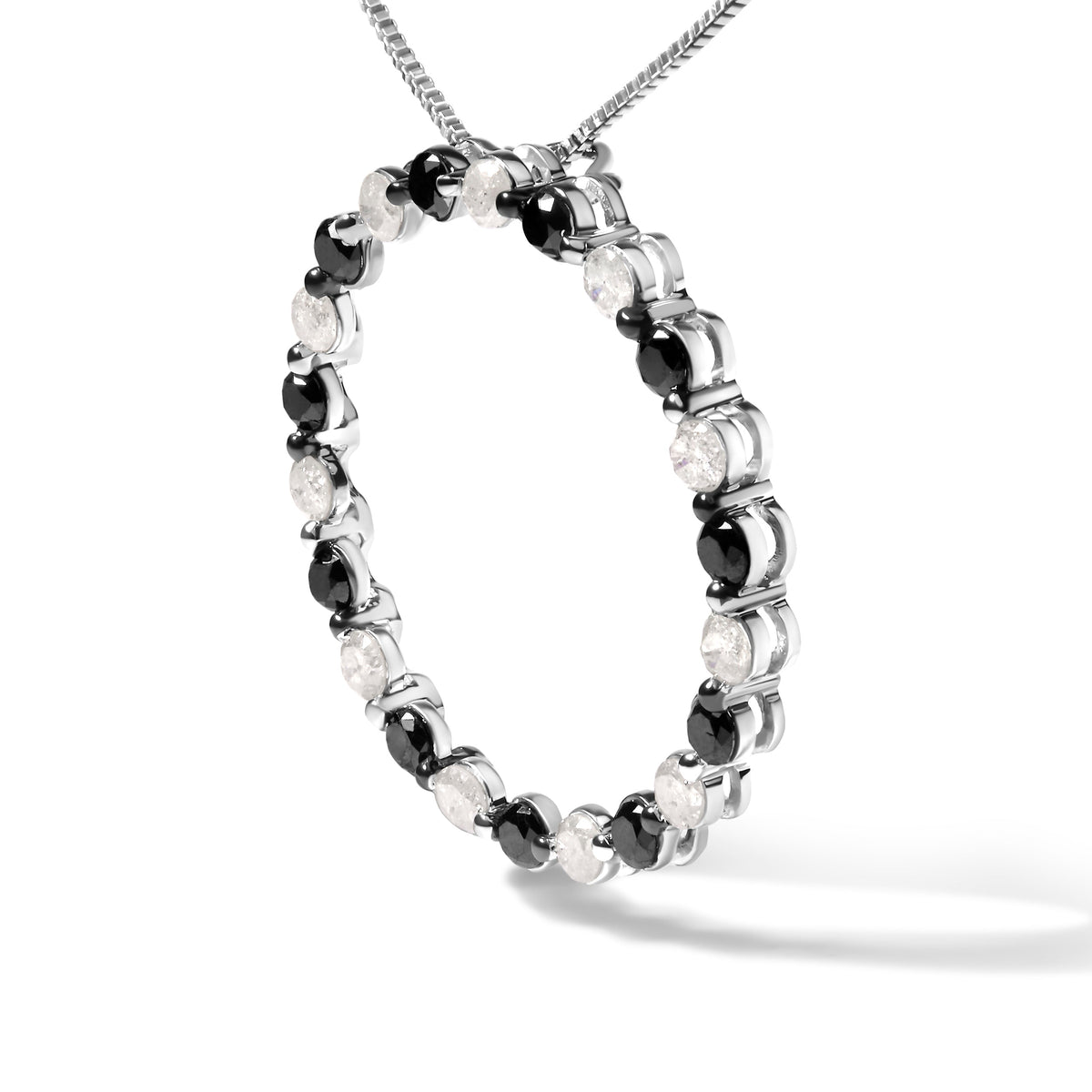 Collar con colgante de aro abierto de plata de ley .925 con diamantes blancos y negros alternados de 1 3/4 quilates (color H-I, claridad I2-I3) - 18 pulgadas