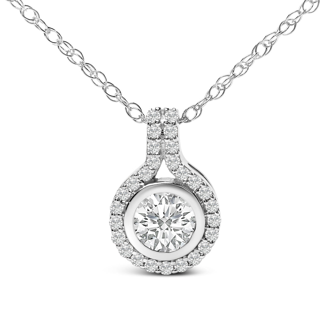 Sterling Silver 3/4 Cttw Lab Grown Diamond Halo Pendant Necklace