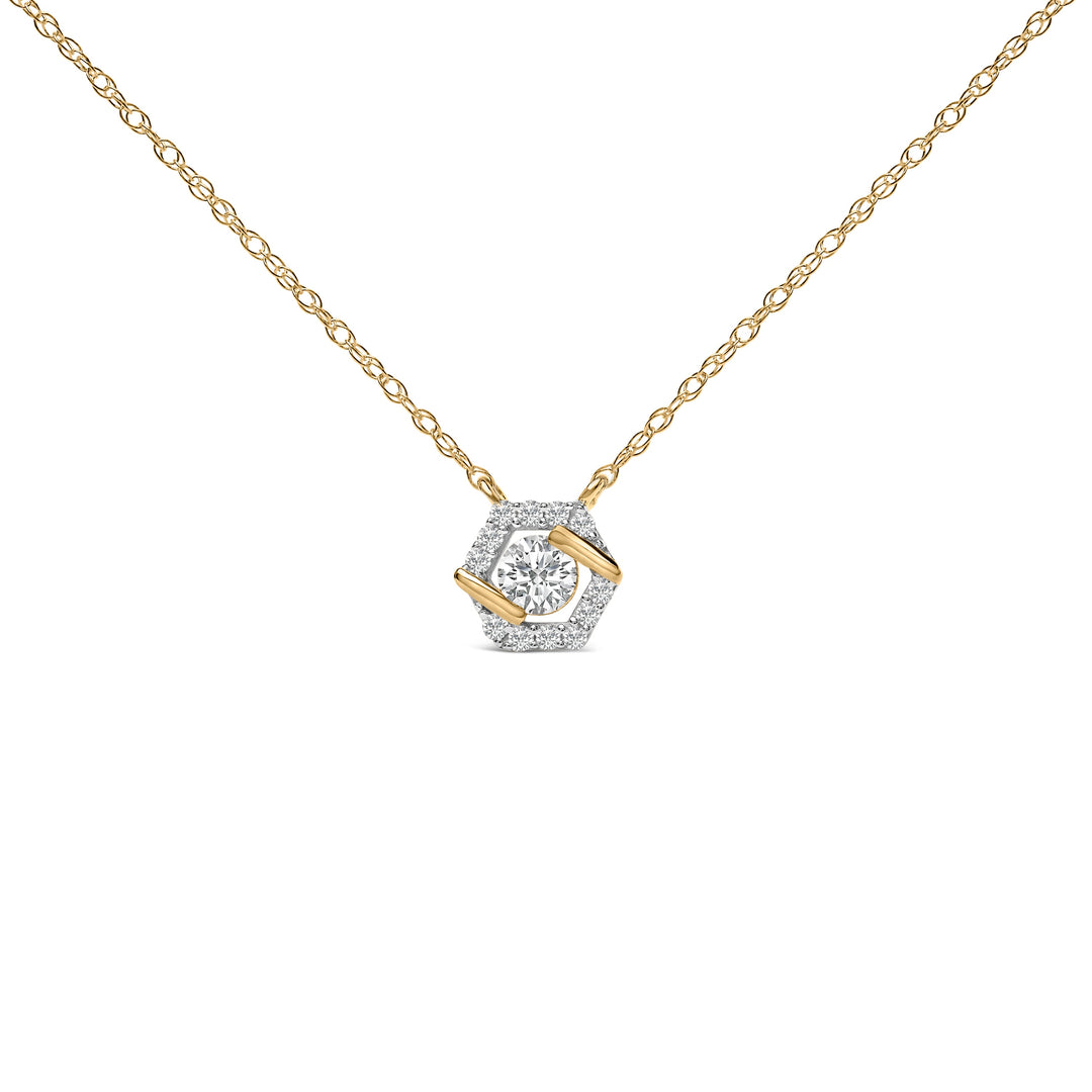 Collar con colgante tipo halo hexagonal de plata de ley chapada en oro amarillo de 14 quilates con diamantes cultivados en laboratorio de 3/8 quilates