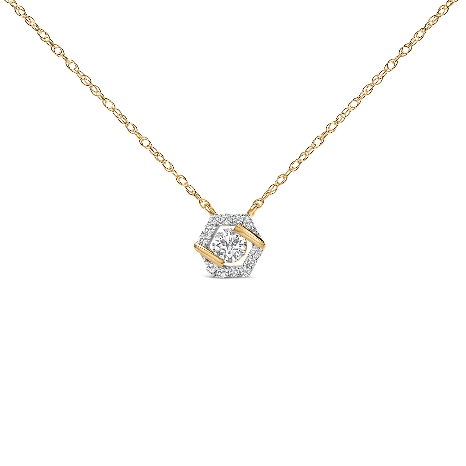 Collar con colgante tipo halo hexagonal de plata de ley chapada en oro amarillo de 14 quilates con diamantes cultivados en laboratorio de 3/8 quilates
