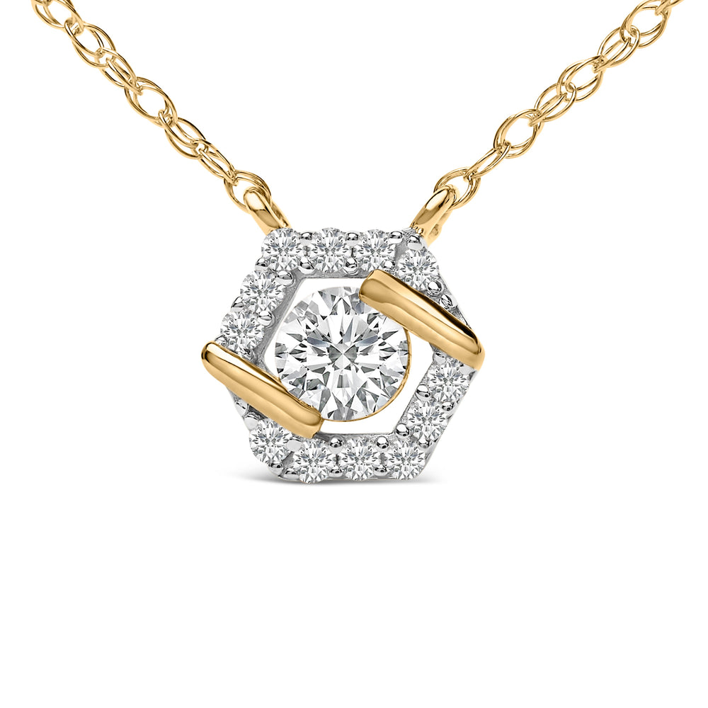 Collar con colgante tipo halo hexagonal de plata de ley chapada en oro amarillo de 14 quilates con diamantes cultivados en laboratorio de 3/8 quilates
