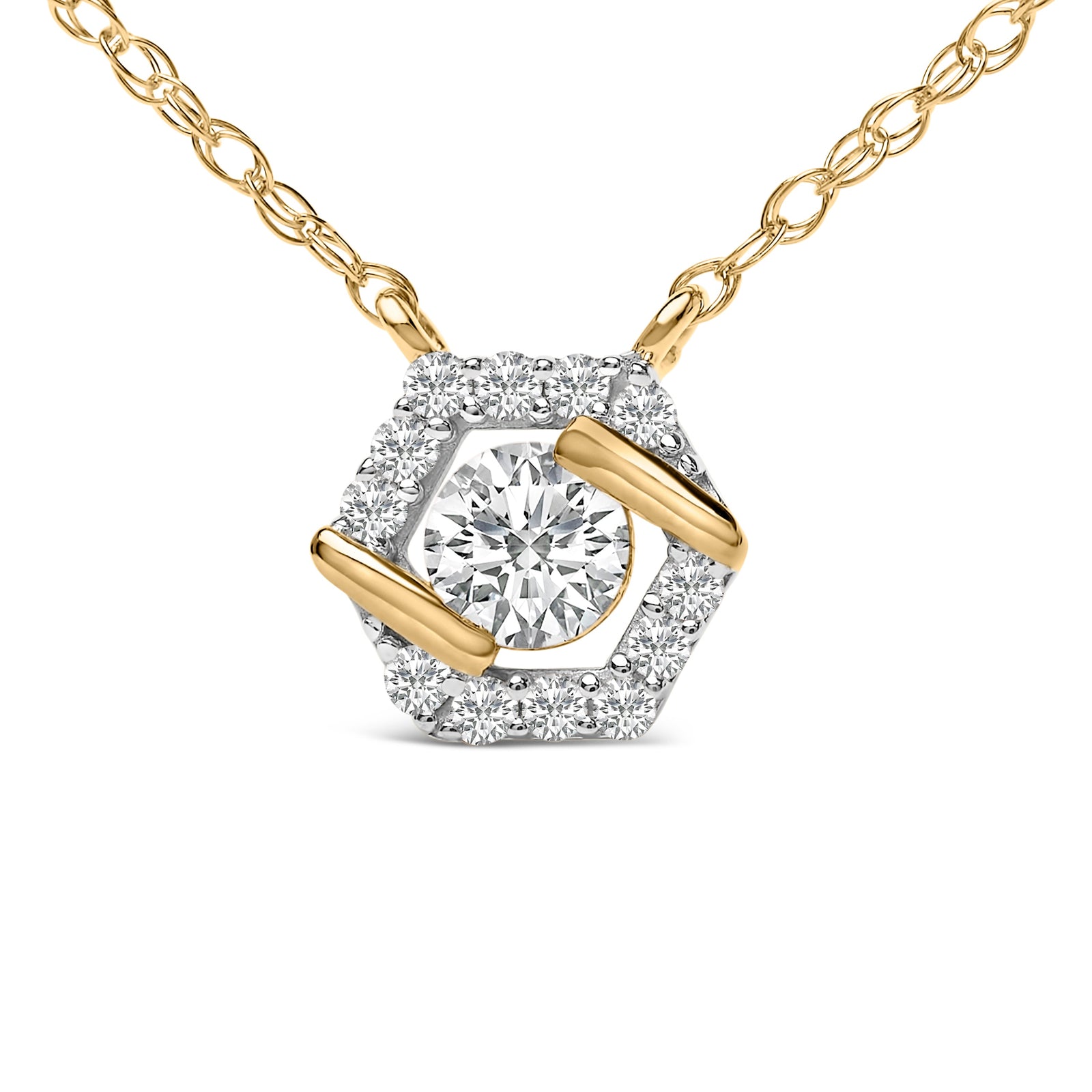 Collar con colgante tipo halo hexagonal de plata de ley chapada en oro amarillo de 14 quilates con diamantes cultivados en laboratorio de 3/8 quilates