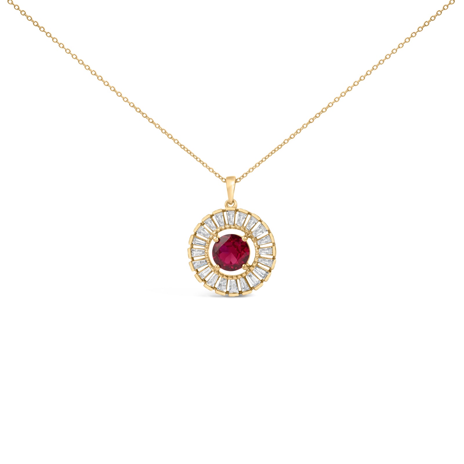 14K Yellow Gold Plated Sterling Silver Lab Grown Ruby and Diamond Medallion Pendant Necklace