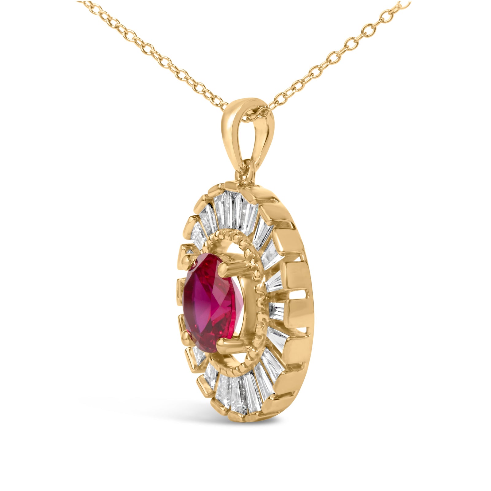 14K Yellow Gold Plated Sterling Silver Lab Grown Ruby and Diamond Medallion Pendant Necklace