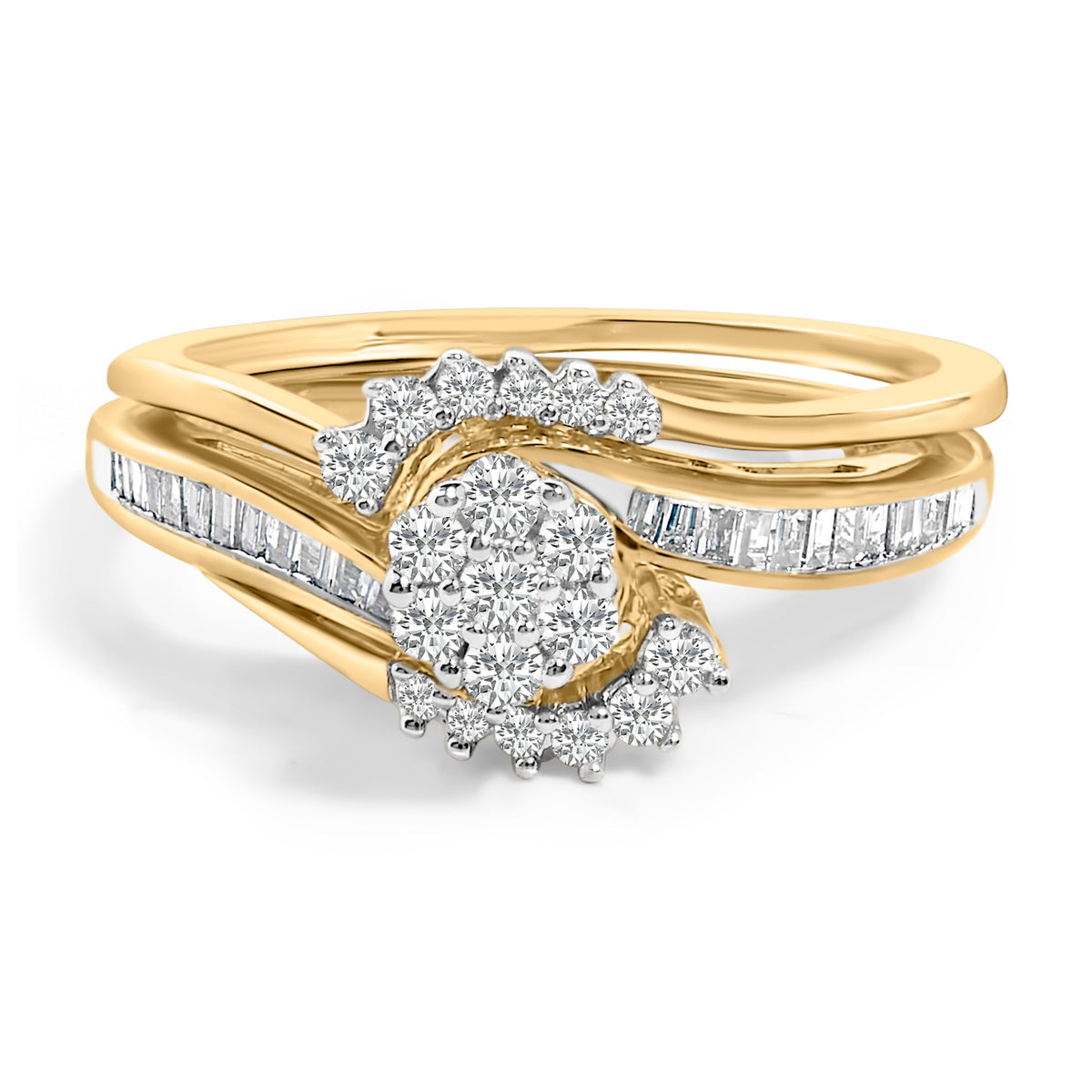 Conjunto de Novia en Espiral con Diamantes en Clúster de 1/2 Cttw, Plata Fina con Baño de Oro Amarillo de 14K