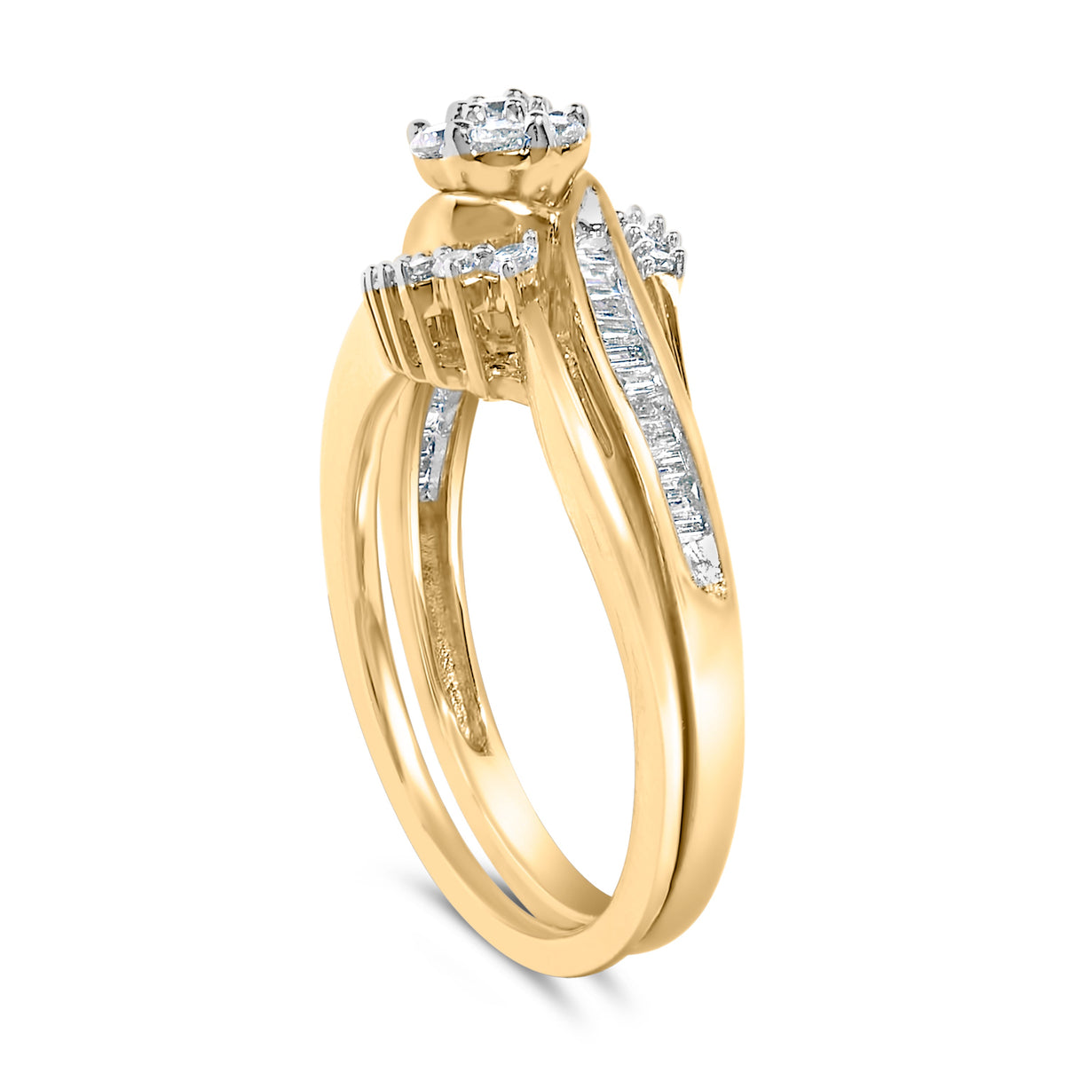 Conjunto de Novia en Espiral con Diamantes en Clúster de 1/2 Cttw, Plata Fina con Baño de Oro Amarillo de 14K