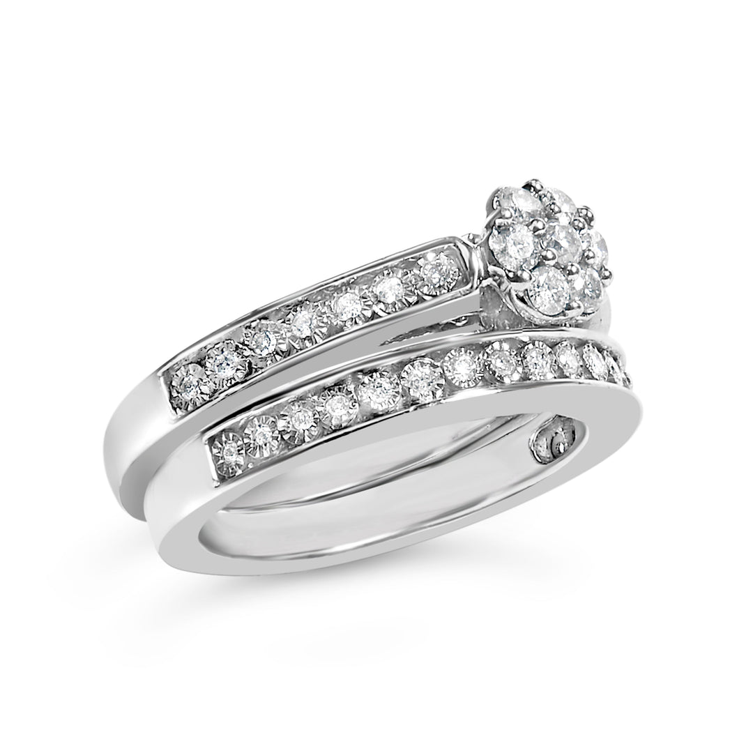 Juego nupcial de plata de ley con racimo de diamantes de 1/2 quilate en forma de flor