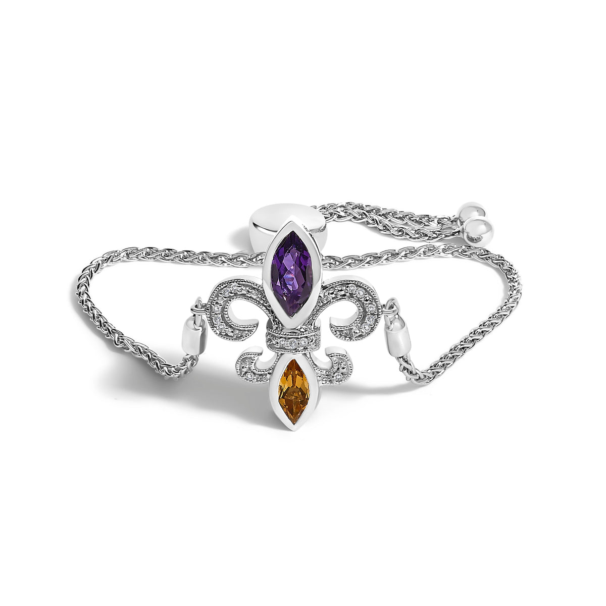 Brazalete bolo ajustable de lariat de plata esterlina .925 con amatista púrpura marquesa, citrino naranja y acento de diamante de 10-25 cm con flor de lis (Color I-J, Claridad I1-I2)