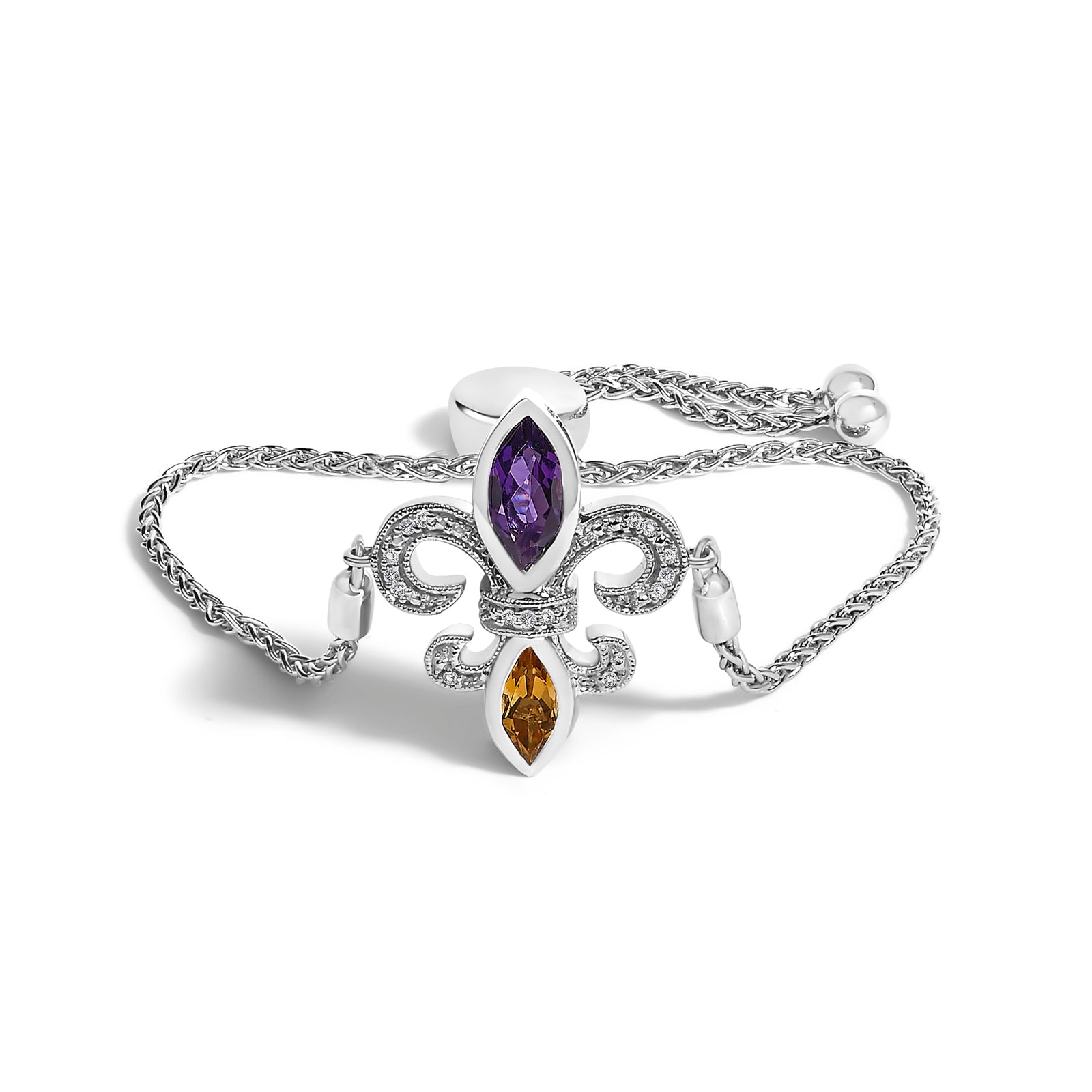 Brazalete bolo ajustable de lariat de plata esterlina .925 con amatista púrpura marquesa, citrino naranja y acento de diamante de 10-25 cm con flor de lis (Color I-J, Claridad I1-I2)