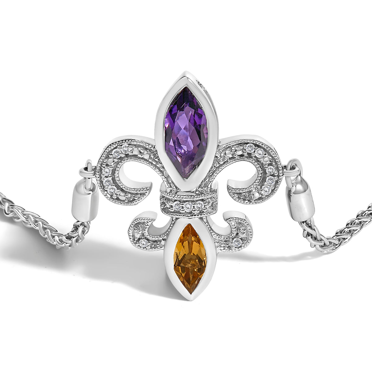 Brazalete bolo ajustable de lariat de plata esterlina .925 con amatista púrpura marquesa, citrino naranja y acento de diamante de 10-25 cm con flor de lis (Color I-J, Claridad I1-I2)