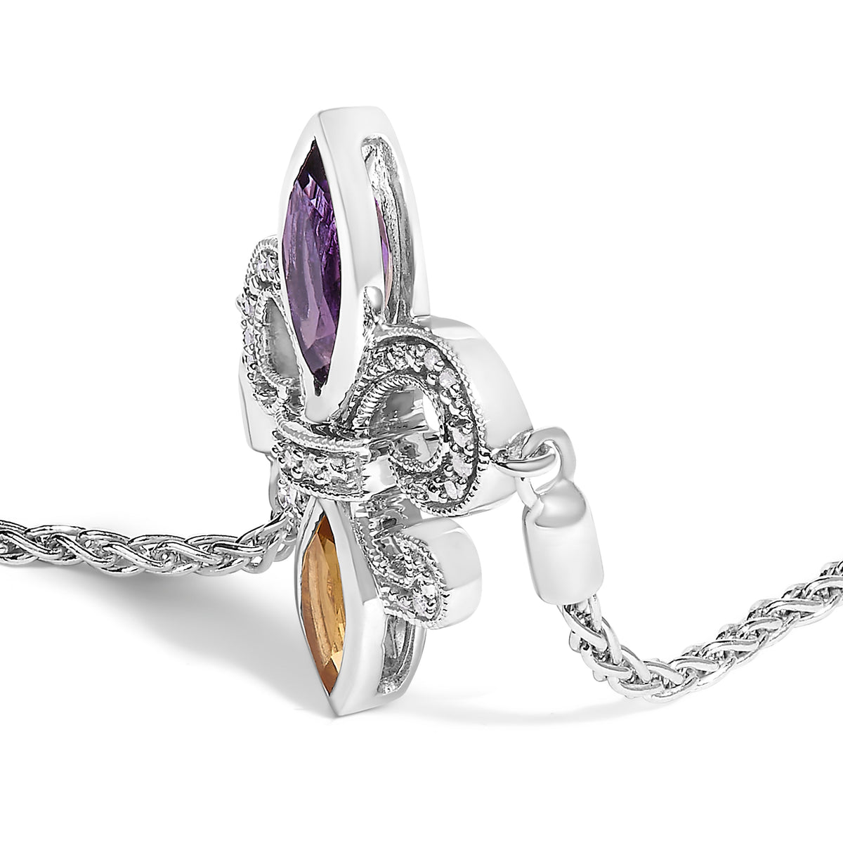 Brazalete bolo ajustable de lariat de plata esterlina .925 con amatista púrpura marquesa, citrino naranja y acento de diamante de 10-25 cm con flor de lis (Color I-J, Claridad I1-I2)