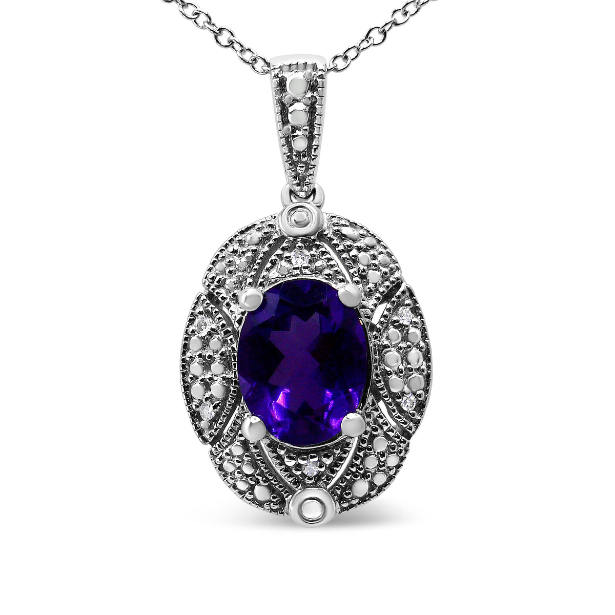 Collar de 45,72 cm con colgante de plata de ley .925, acentos de diamante y amatista ovalada púrpura de 9x7mm (color I-J, claridad I1-I2)