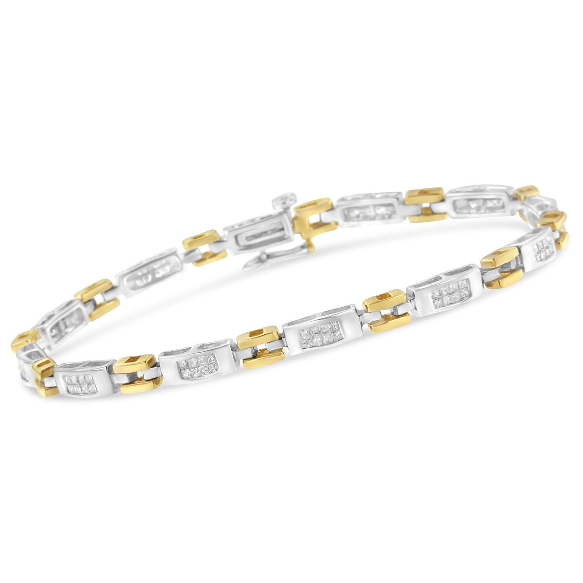 Pulsera de eslabones geométrica con corte de princesa en oro de dos tonos de 10K y diamantes (1.00 cttw, color H-I, claridad SI1-SI2)