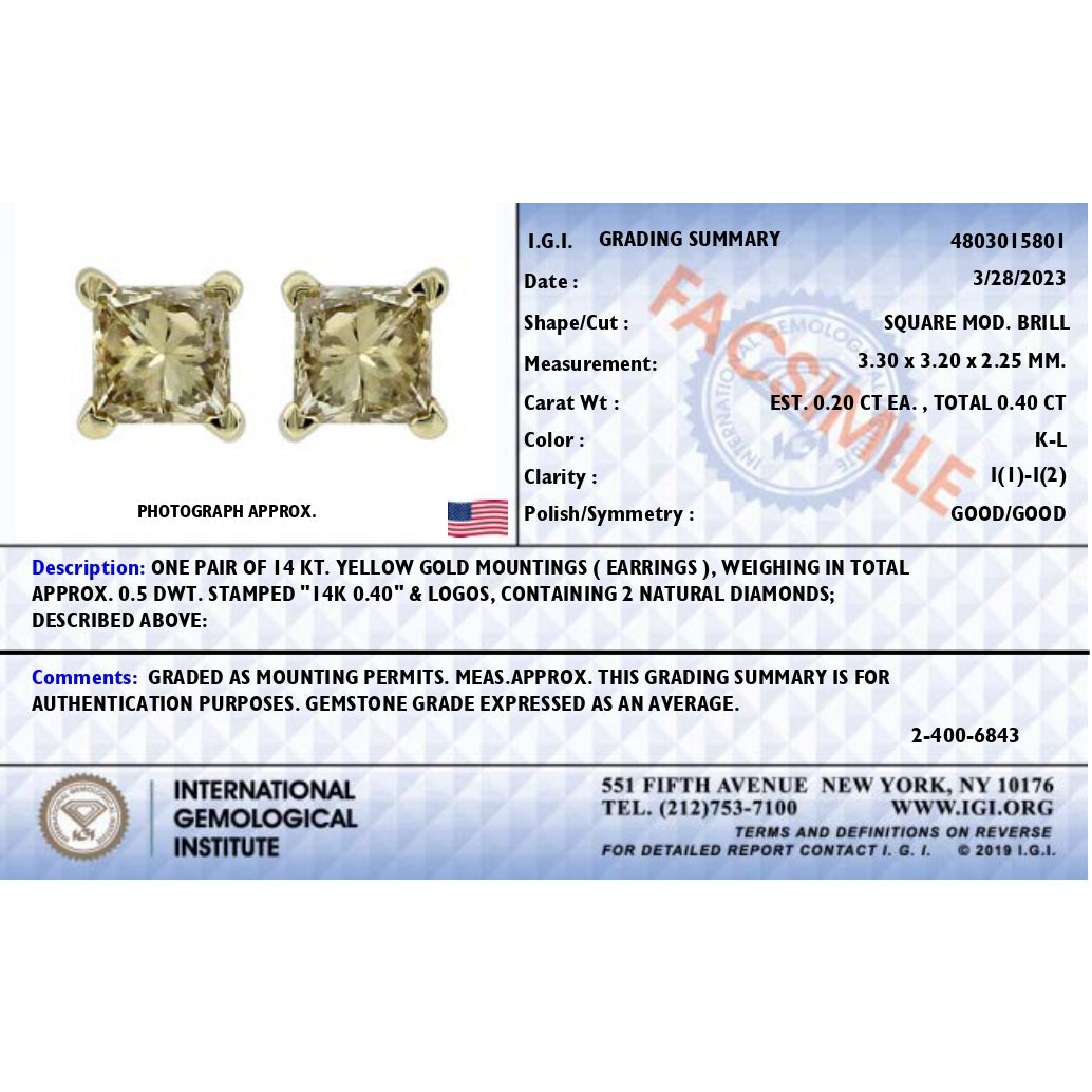 Pendientes de solitario con diamantes de corte princesa de 3/8 Cttw certificados por IGI, montura de 4 puntas, en oro amarillo de 14K (color K-L, claridad I1-I2)