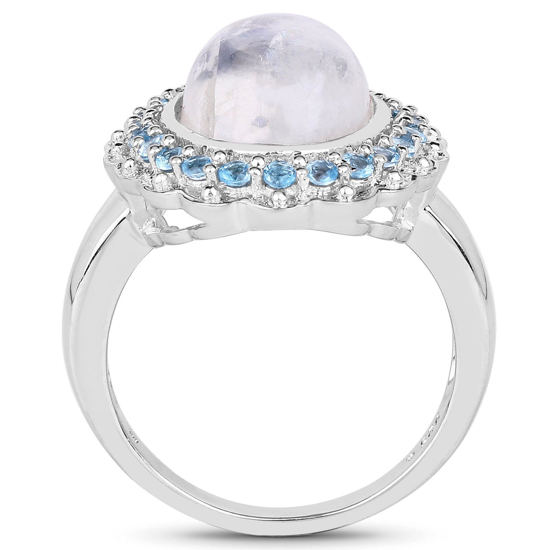 7.21 Carat Genuine White Rainbow Moonstone & Swiss Blue Topaz .925 Sterling Silver Ring
