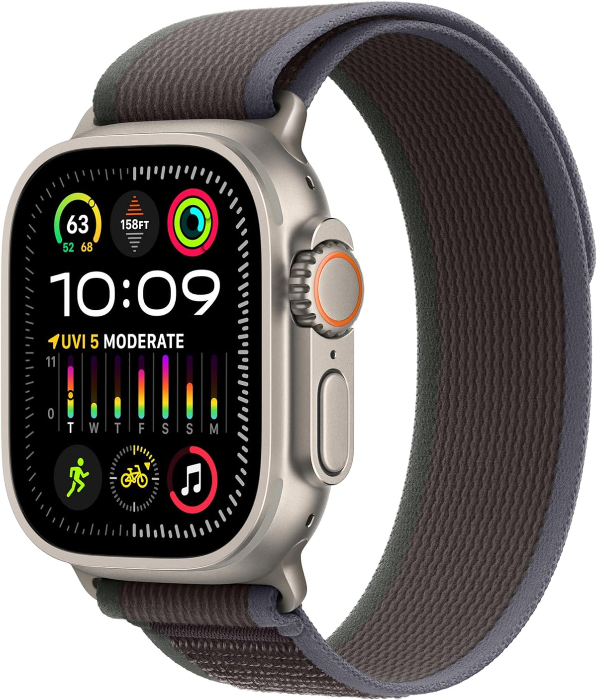 An Apple Watch Ultra 2 49mm with a titanium case, featuring a black band and a digital display showing time and various health metrics.