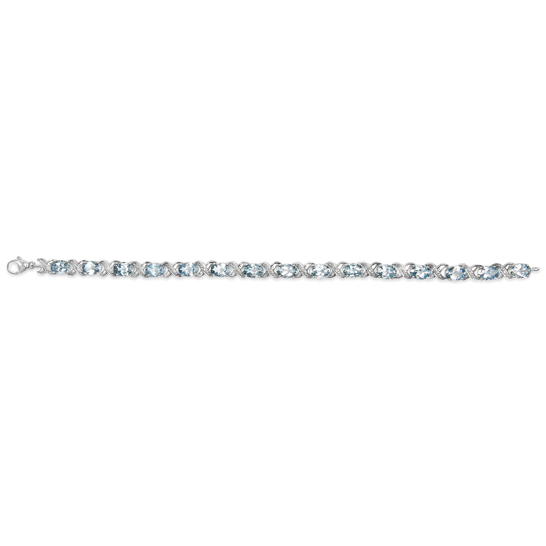 .925 Sterling Silver 16.0 Cttw Oval Blue Topaz and Diamond Accent Tennis X Link Bracelet (I-J Color, I1-I2 Clarity) - Size 7" Inch