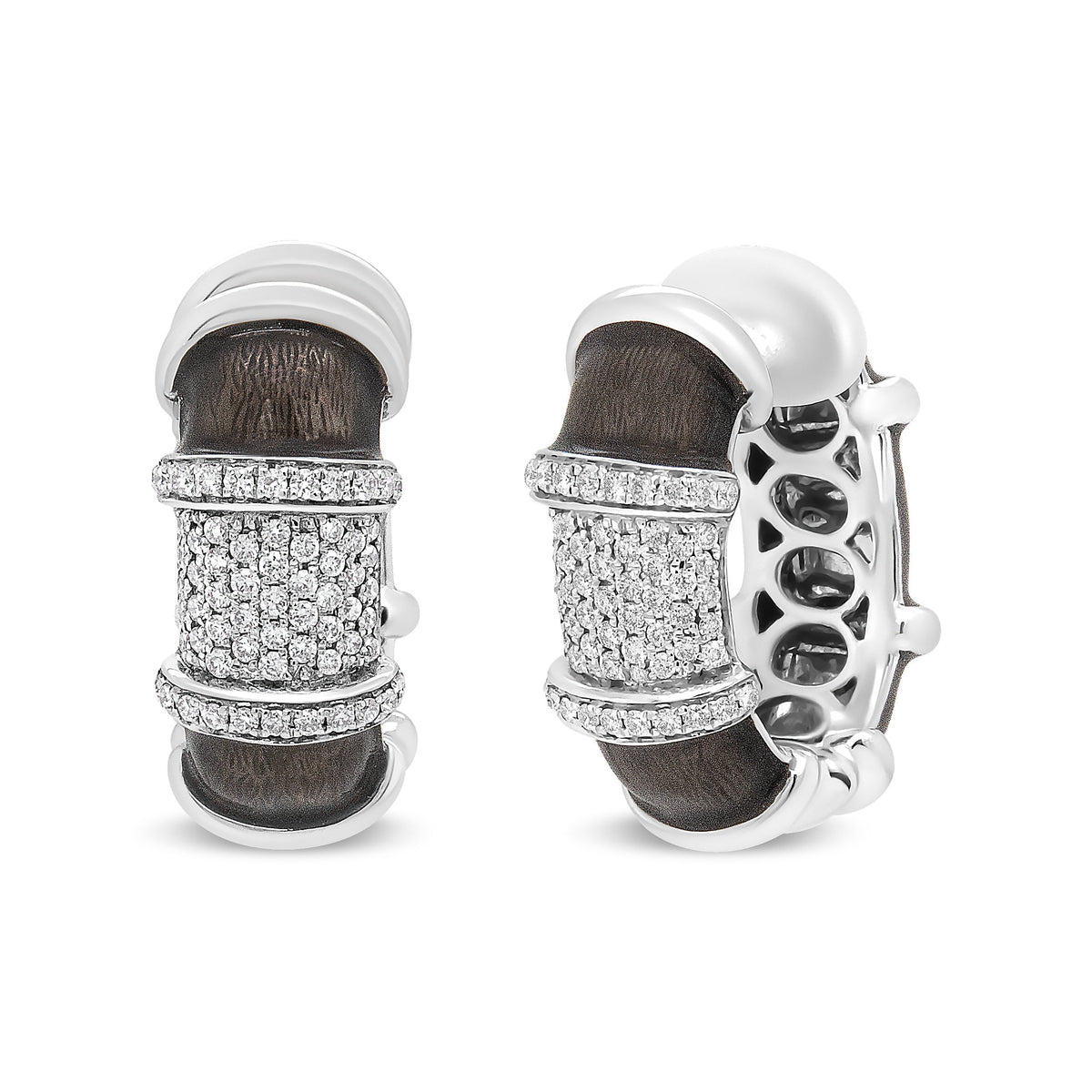 Pendientes de aro Huggie de plata de ley .925 con baño de oro blanco de 18 quilates, esmalte gris grafito transparente y diamantes redondos de 5/8 Cttw (color F-G, claridad VS1-VS2)