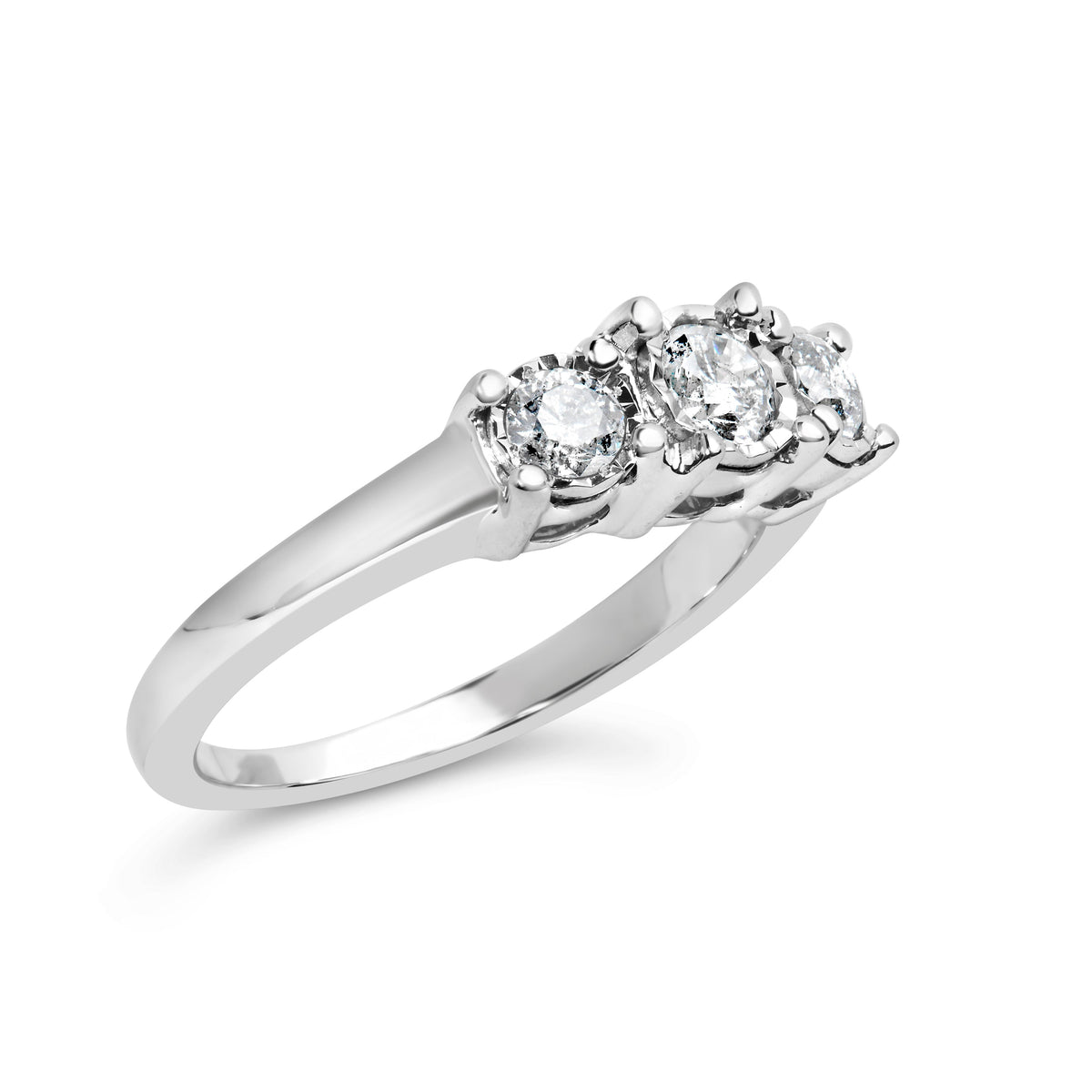 Anillo de oro blanco de 14 quilates con 1/2 quilate total de peso (CTTW) de diamantes cultivados en laboratorio redondos en engaste "milagroso" con tres piedras en placa de ilusión (color F-G, claridad VS1-VS2) - Talla de anillo 7