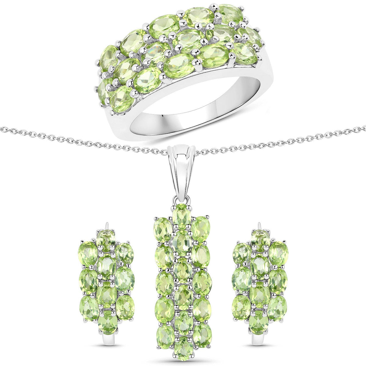 8.84 Carat Genuine Peridot .925 Sterling Silver 3 Piece Jewelry Set (Ring, Earrings, and Pendant w/ Chain)