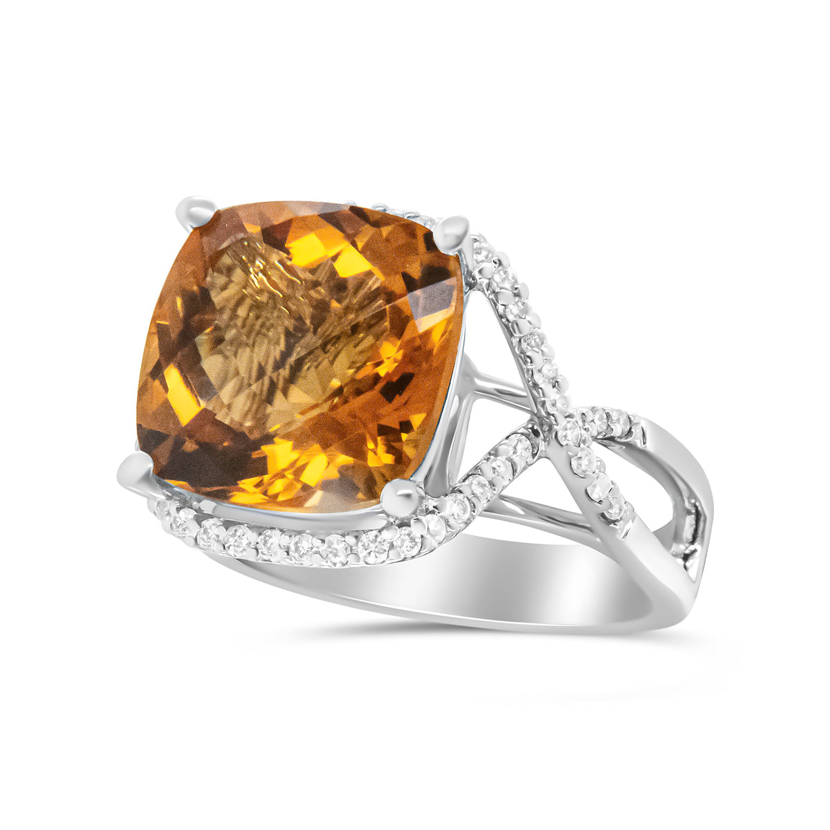 Anillo de Oro Blanco de 14K con Citrino Amarillo de Corte Cojín de 12mm y Diamantes Redondos con Engaste Pavé de 1/3 Cttw - (Color H-I, Claridad VS1-VS2) - Talla 6.5