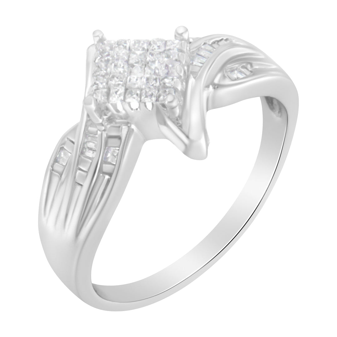 10K White Gold 1/3 Cttw Princess and Baguette Cut Diamond Bypass Style Cocktail Ring (I-J Color, I1-I2 Clarity) - Size 4