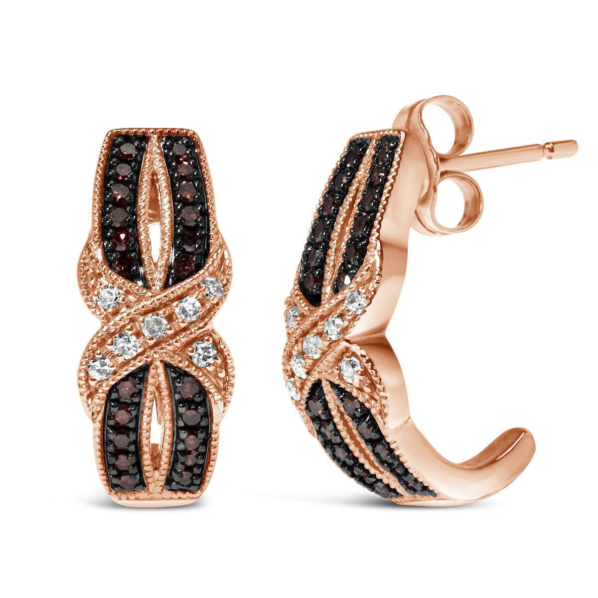 Pendientes de aro en J entrelazados con milgrain de oro rosa de 10K con diamantes blancos y marrones de 1/3 Cttw (color I-J, claridad I1-I2)