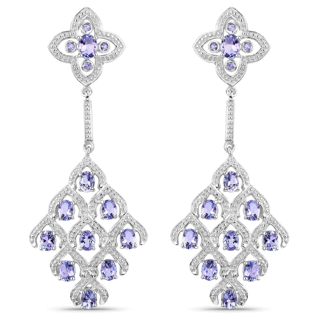 Pendientes de Plata de Ley .925 con Tanzanita Genuina de 3.90 Quilates y Topacio Blanco