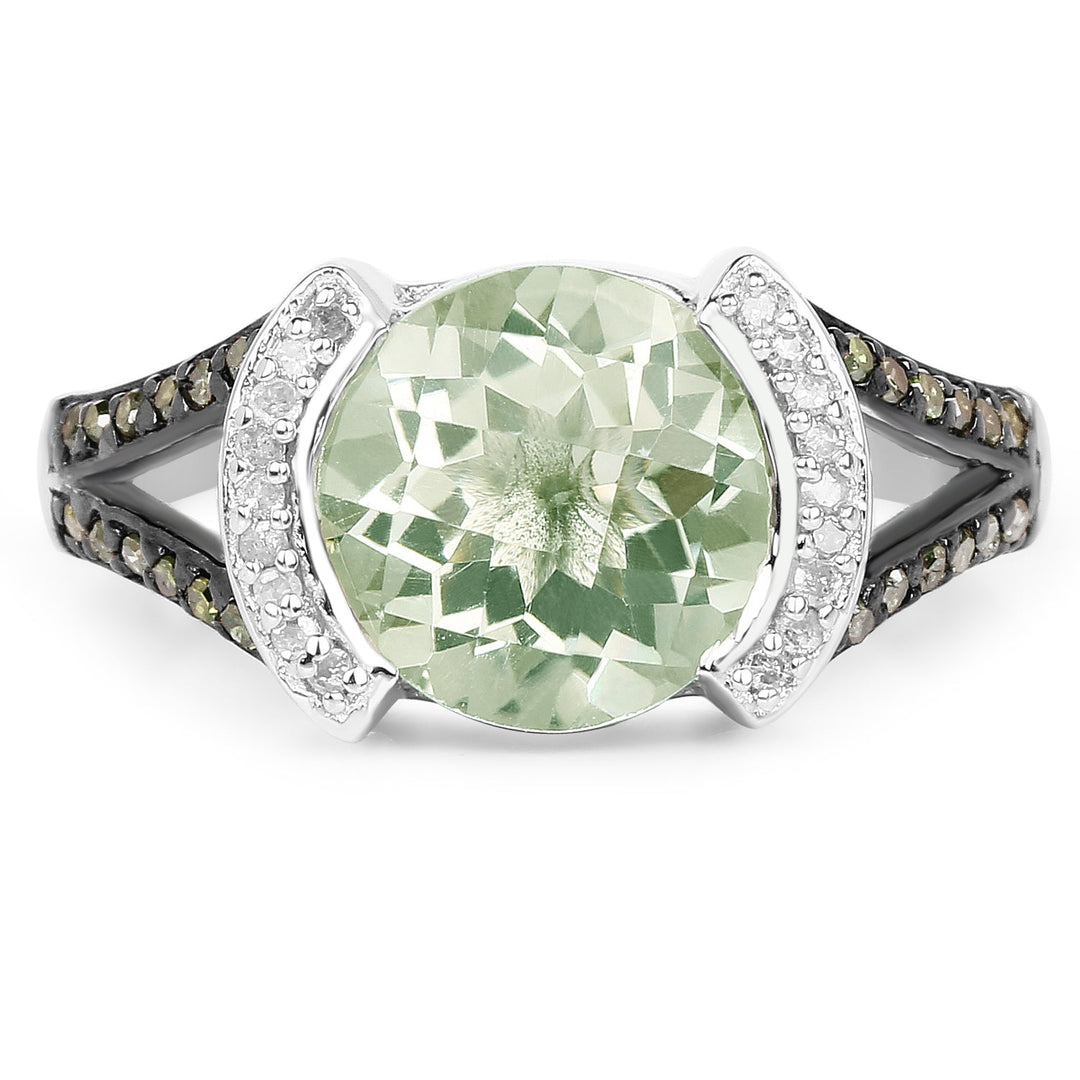 Anillo de plata de ley .925 con amatista verde auténtica de 3.59 quilates, diamante verde y diamante blanco