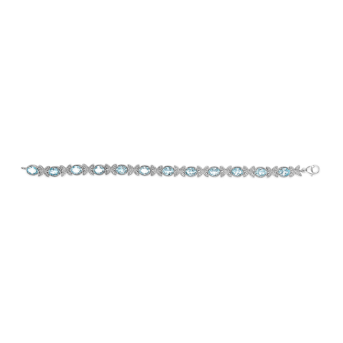 Pulsera de eslabones de plata de ley .925 con diseño de mariposa, topacio azul ovalado y diamantes (Color I-J, Claridad I1-I2) - 7" pulgadas
