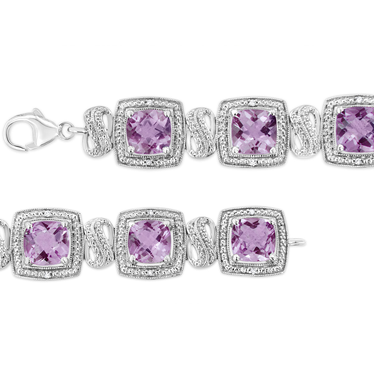 Pulsera de tenis de plata de ley .925 de 7x7 mm con amatista púrpura de corte cojín y diamante redondo de 1/10 cttw con forma cuadrada (color I-J, claridad I1-I2) - 7"