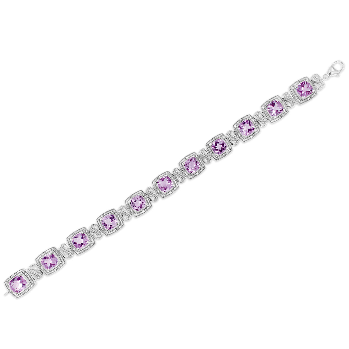 Pulsera de tenis de plata de ley .925 de 7x7 mm con amatista púrpura de corte cojín y diamante redondo de 1/10 cttw con forma cuadrada (color I-J, claridad I1-I2) - 7"