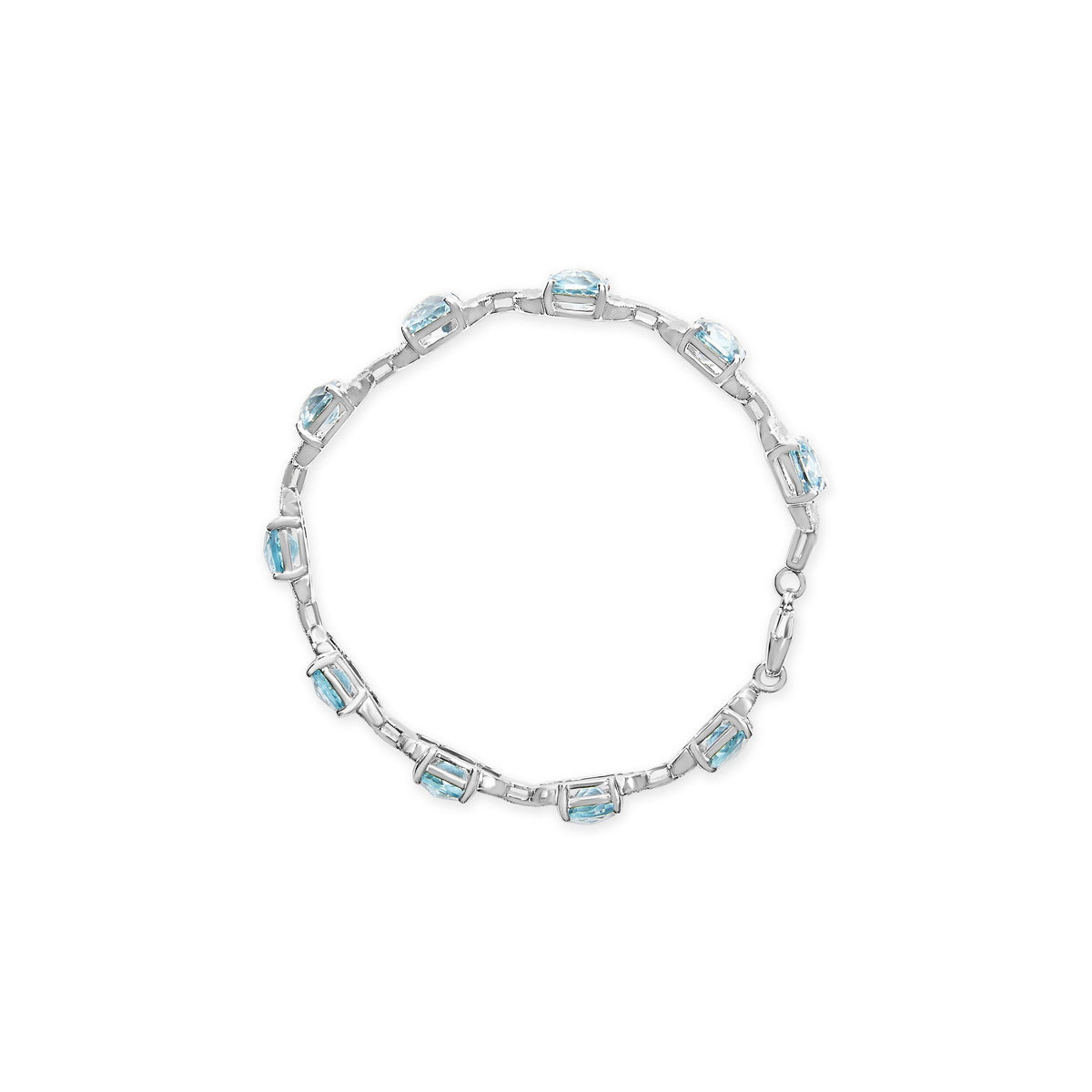 Pulsera de tenis de moda de plata de ley .925 con topacio azul de talla cojín de 7x7 mm y diamantes redondos de 1/20 quilates (Color I-J, Claridad I1-I2) - 7"
