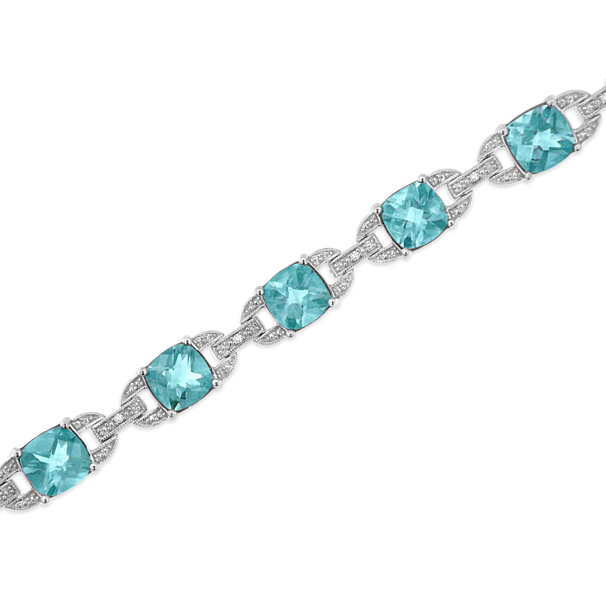 Pulsera de tenis de moda de plata de ley .925 con topacio azul de talla cojín de 7x7 mm y diamantes redondos de 1/20 quilates (Color I-J, Claridad I1-I2) - 7"